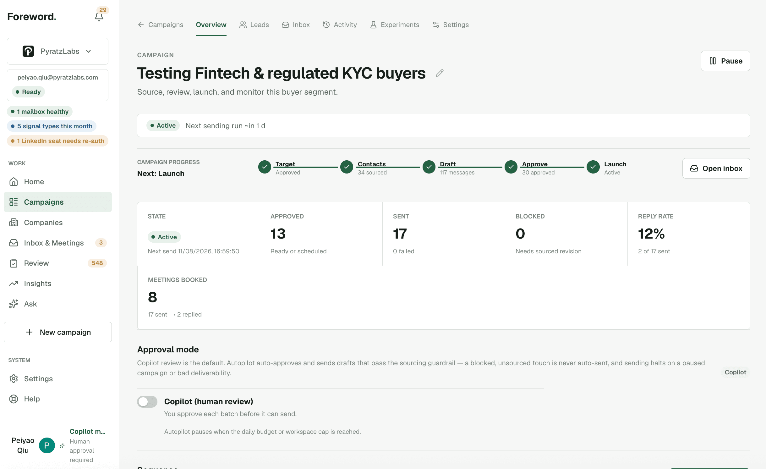 Rainmaker - campaign overview: target, contacts, draft, approve, launch